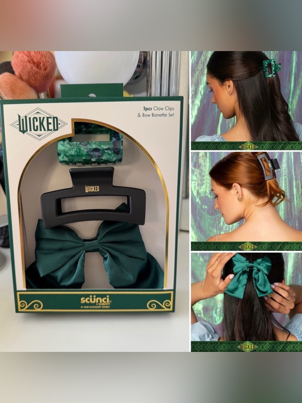 Wicked Elphaba 3 Pack Claw Clip & Bow Barrette Set